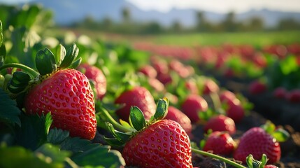 Sticker - Strawberry field Berries closeup Fresh ripe organic strawberries harvest season Santa Barbara County California : Generative AI