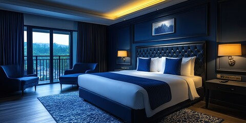 luxury dark blue hotel room with light blue modern set of bed and beautiful view balcony 