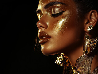 A woman with gold makeup and earrings