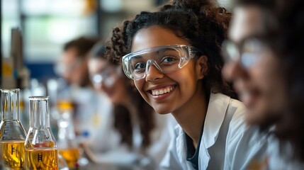 Fototapete - Excited science students doing chemical experiment in the laboratory at university : Generative AI