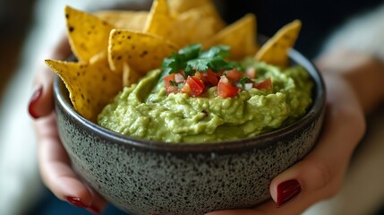 Closeup of woman hand holding guacamole and chips or nachos Top view : Generative AI