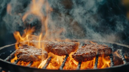 Canvas Print - Grilling meat on an open flame with visible heat and smoke, outdoor BBQ setting