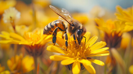 Honey bee on a yellow flower collects pollen, wild nature landscape