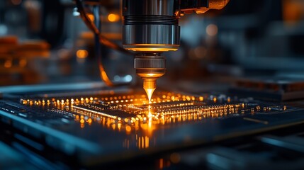 Fototapete - Production of digital boards Semiconductor manufacturing machine Robot creates microprocessor Industrial equipment for creating microboards PCB soldering machine Manufacturing of digit : Generative AI