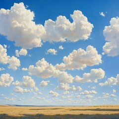 Sticker - A vast blue sky with fluffy white clouds above a wide, golden field.