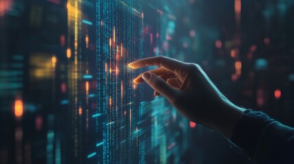 Poster - Hand adjusting a virtual bar graph, with data points floating in the air, futuristic concept