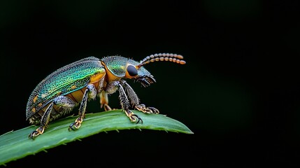 Wall Mural - Silver green leaf weevil phyllobius argentatus beetle sitting on grass stem with black background Animal nature macro background : Generative AI