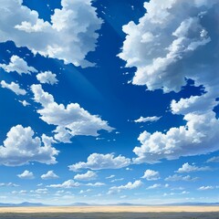 Poster - A vast expanse of blue sky filled with fluffy white clouds. A distant landscape of brown fields stretches out below, suggesting a dry and open environment.