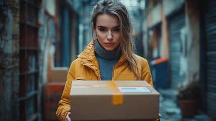 Aufkleber - Portrait of a businesswoman holding a box and typing something on a keyboard while preparing package information Postal service and small business concept : Generative AI