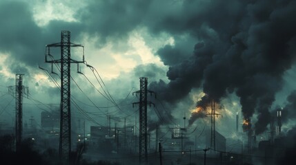 Industrial scene with multiple power poles and transformers, dark clouds in the background