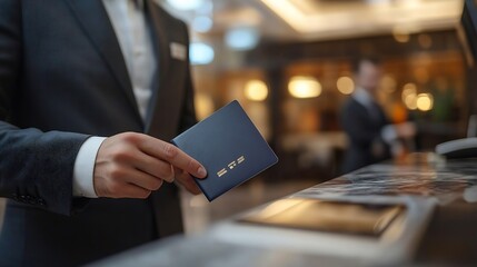 traveling for work businessman checking in at hotel reception desk with passport for room reservatio