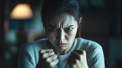 Angry Asian woman with clenched jaw, hands forming fists, dimly lit room, representing pentup frustration