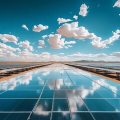 Wall Mural - A vast field of solar panels reflects the blue sky and white clouds, representing renewable energy and a sustainable future.