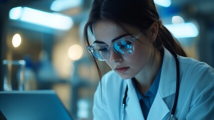 Poster - Female doctor reading prescription and researching medical data on laptop to analysis treatment : Generative AI