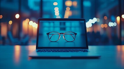Aufkleber - Laptop Computer notebook and eyeglasses sitting on a desk in a large open plan office space after working hours : Generative AI