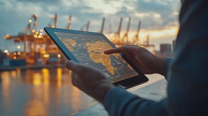 Aufkleber - Businessman touching tablet for analyze stock at logistics port and world map with Delivery network distribution on background transportation trading business concept : Generative AI