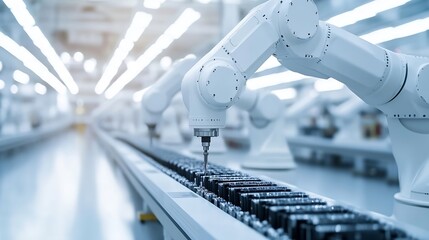 Poster - Row of White Robotic Arms at Modern Factory LithiumIon EV Battery Pack Production at Automated Assembly Line at Bright Factory Equipped With Industrial Robot Arms Electric Car Manufact : Generative AI