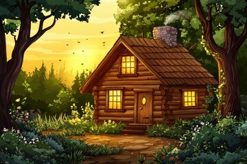 Canvas Print - A Cozy Log Cabin Nestled in a Verdant Forest at Sunset