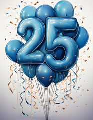 Blue birthday / anniversary balloon, number 25, white background with confetti