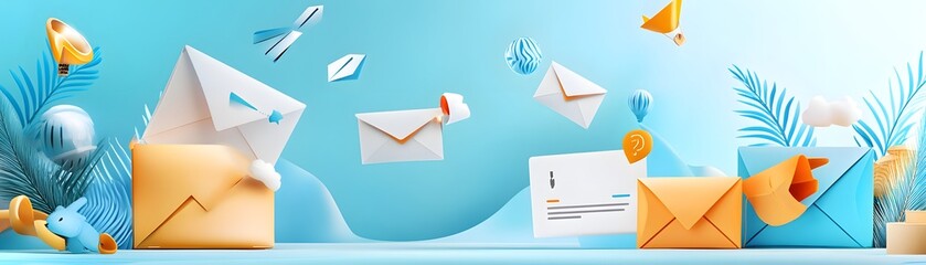 Poster - 3D Illustration of Envelopes, Palm Leaves, and Blue Abstract Shapes.