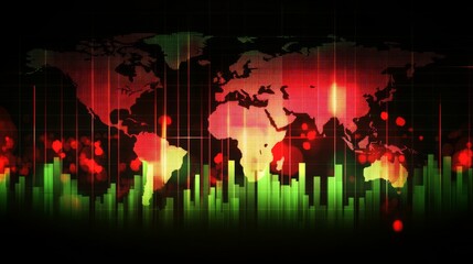 Wall Mural - Stock market graph with green and red candlesticks, world map in the background