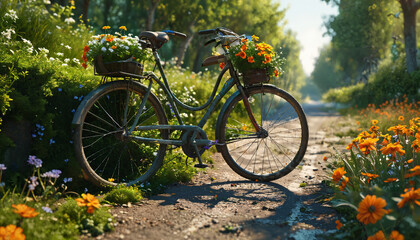 Poster - Vélo fleuri sur un sentier champêtre