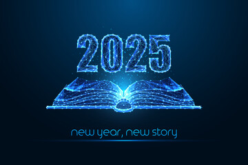 Wall Mural - Abstract 2025 Happy New Year concept banner with open book on dark blue background. Year planner