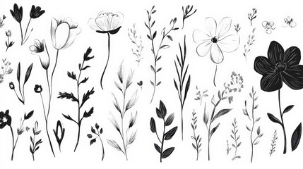 Wall Mural - Trendy set of black silhouettes of flowers on a white background, made with ink, rough brushstrokes. Generative AI