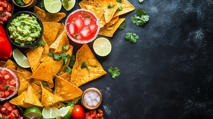 Mexican food a flat lay panorama on a black background Nachos tortillas Paloma cocktails guacamole shot from the top : Generative AI