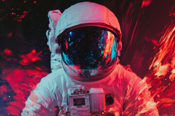 Wall Mural - astronaut wearing helmet against abstract cosmic background. man in spacesuit with neon lighting and
