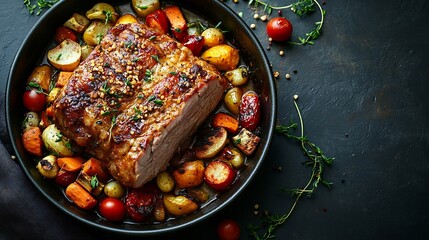 Sticker - bowl of whole roast pork and vegetables on dark grey kitchen table top view : Generative AI