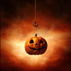 Poster - Hanging jack-o'-lantern glowing against a dark, eerie background