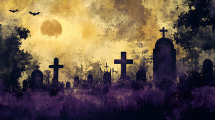 Wall Mural - A Halloween themed cemetery on a grunge background with purple and yellow accents, giving it a spooky feel.