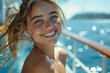 © ChristinaPhoto - On a sunny summer day, a young woman with a radiant smile stands near cruise ship, her hair gently blowing in sea breeze as she takes in panoramic view of sparkling ocean, feeling a sense of freedom a