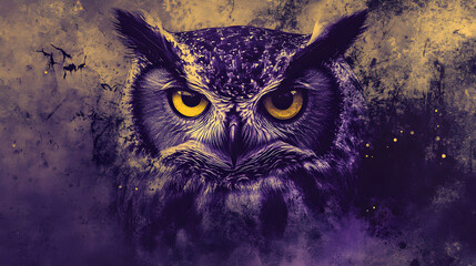 Wall Mural - Halloween themed owl on a grunge background with purple and yellow accents for a spooky feel.