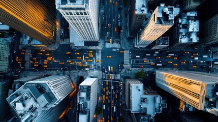 Wall Mural - Aerial a busy intersection in a major city, with streams of cars and pedestrians moving in all directions, illustrating the organized chaos of urban life