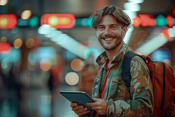 Wall Mural - On a sunny summer morning, a male tourist with a vibrant smile and a sense of adventure, carrying his suitcase and digital tablet, eagerly awaits check-in and baggage claim at airline counter in bustl