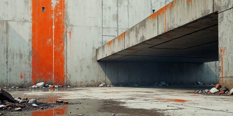 A large concrete structure with a bright orange stripe stands over a concrete ground.