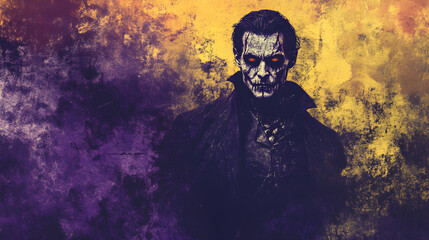 Wall Mural - A Halloween themed vampire on a grunge background with purple and yellow accents, giving it a spooky feel.