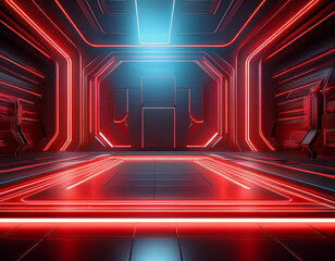 Technological Studio Background with Neon Panels in red Colors. Futuristic Podium for Product Presentation 