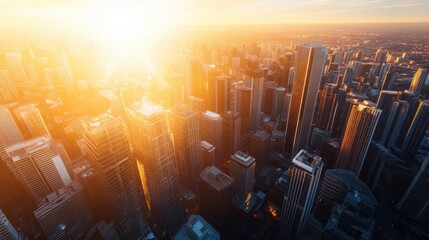 Wall Mural - Aerial a cityscape during the golden hour, with warm sunlight bathing the buildings and casting a soft glow over the entire scene