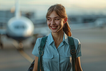 Wall Mural - On a sunny summer morning, vibrant scene unfolds with a wide-angle view capturing pretty smiling female flight attendant gracefully carrying baggage as she makes her way to airplane, exuding confidenc