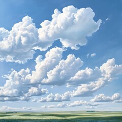 Wall Mural - A vast, open field stretches towards a horizon painted with a clear blue sky and fluffy white clouds.