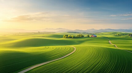 Wall Mural - Aerial a peaceful farm landscape with neat rows of crops, a winding dirt road, and a traditional red barn in the distance, all bathed in the warm light of late afternoon