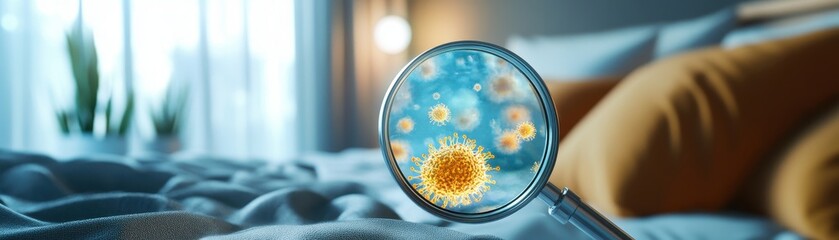 Wall Mural - Magnified View of Viruses on Bed Sheets in a Cozy Bedroom with Warm Lighting and Houseplants