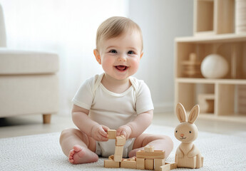 Wall Mural - Cute baby in a white bodysuit playing with wooden blocks, an Easter bunny decoration in the background