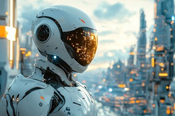 A close-up view of a white robotic head with a glowing orange visor in a futuristic city setting.