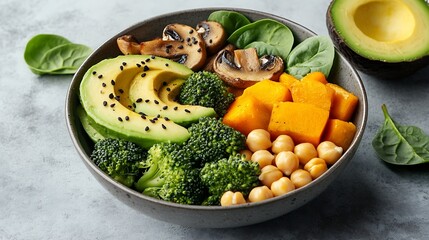 Wall Mural - vegetable vegetarian buddha bowl avocado mushrooms broccoli spinach chickpeas pumpkin on a light background Long banner format top view : Generative AI