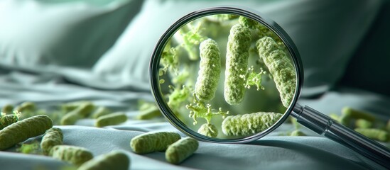 Wall Mural - Close-Up of Bacteria Under Magnifying Glass on Fabric Surface - Microbiology and Hygiene Concept