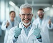 © kokoson6 - A team of scientists in lab coats give thumbs up, expressing success and teamwork.
